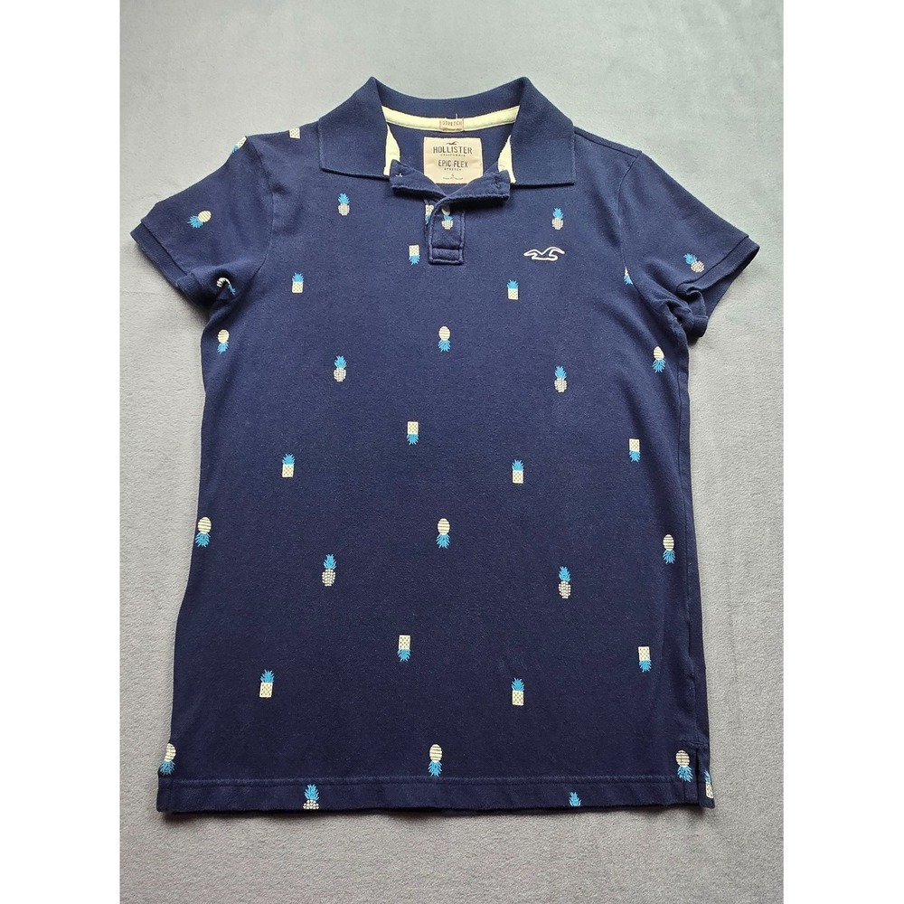 Hollister Mens Small Navy Blue Epic Flex Pique Patterned Polo Pineapple Print